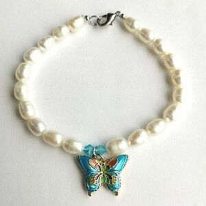 NWT white freshwater pearl bracelet with blue cloisonne enamel  butterfly charm